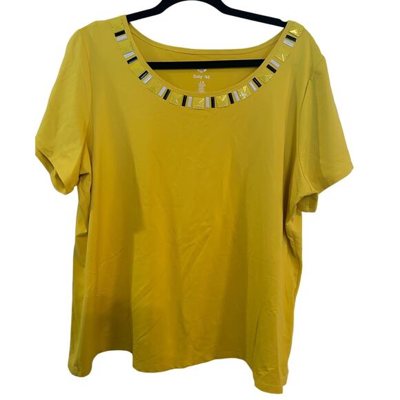 Ruby Rd. Yellow blouse with embellished neck line, 1X - Picture 1 of 5